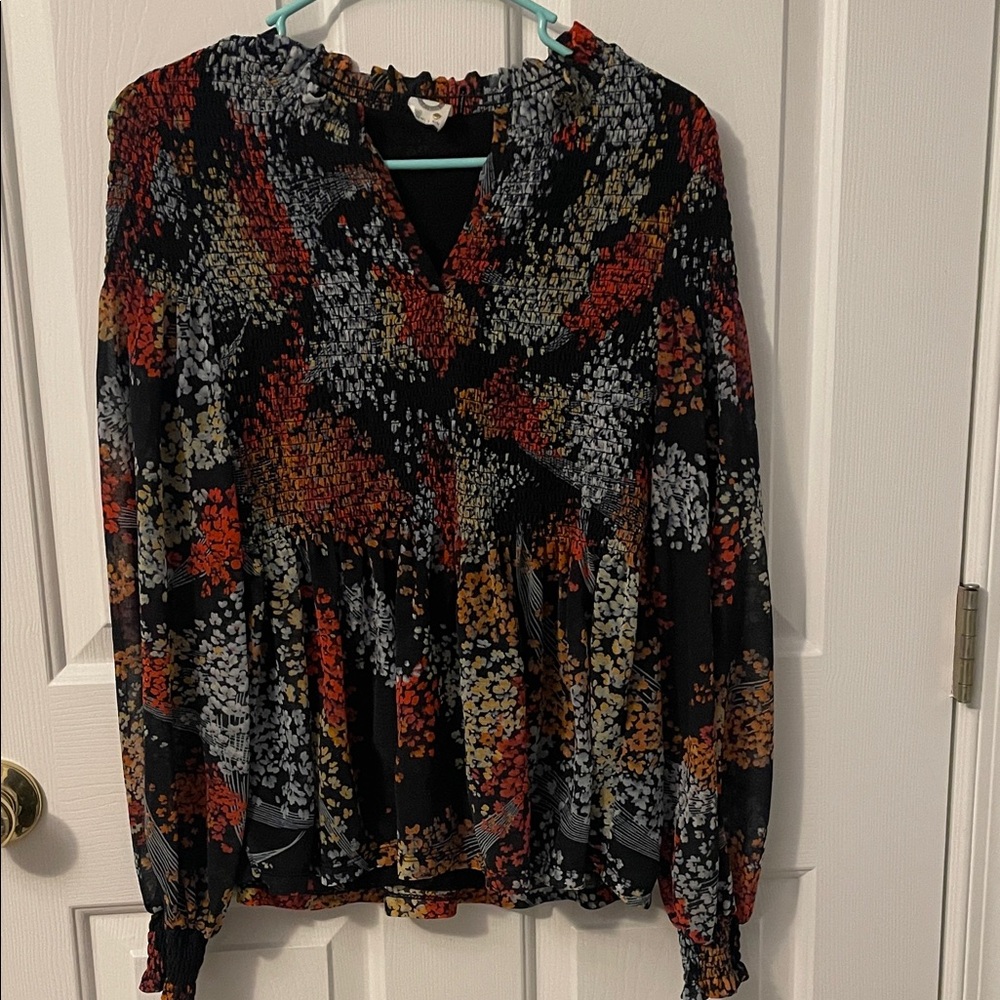 Floral V-Neck Peasant Blouse - Black with Rust & Mustard Floral Print